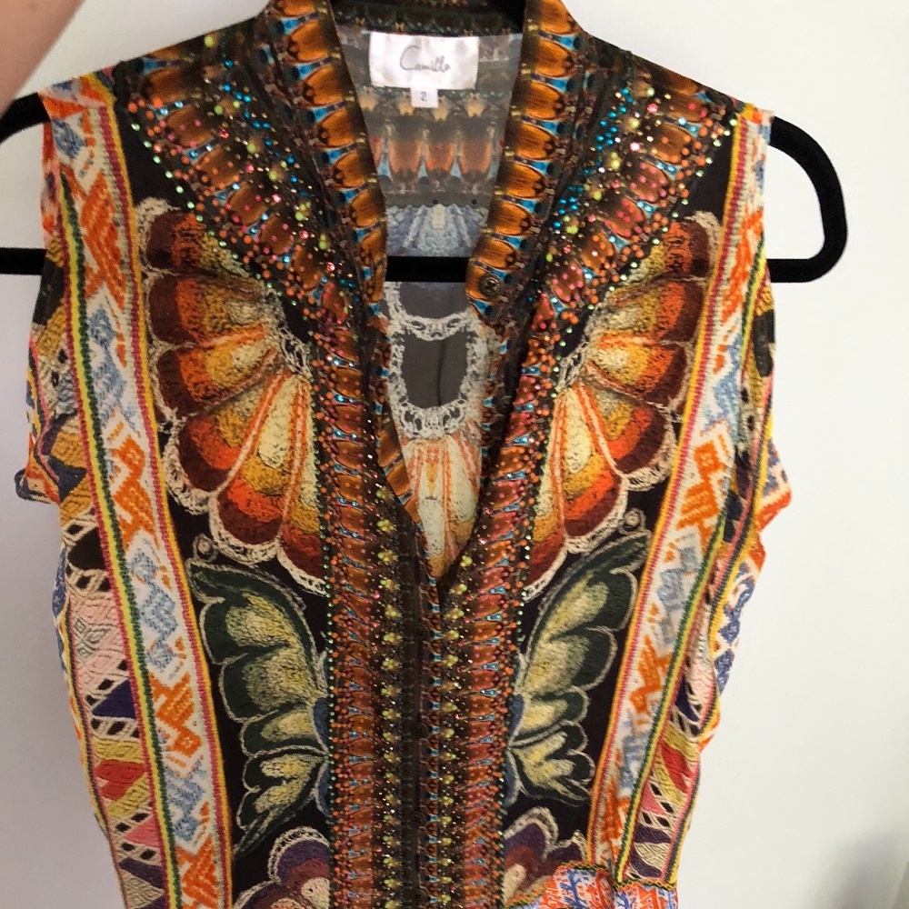 Camilla Multicolor Embellished Silk Top (high/low style)